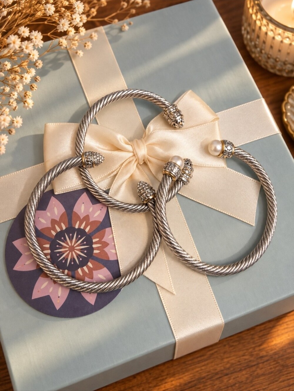 Silver-Tone Twisted Cable Bracelet Set with Crystal and Pearl Accents